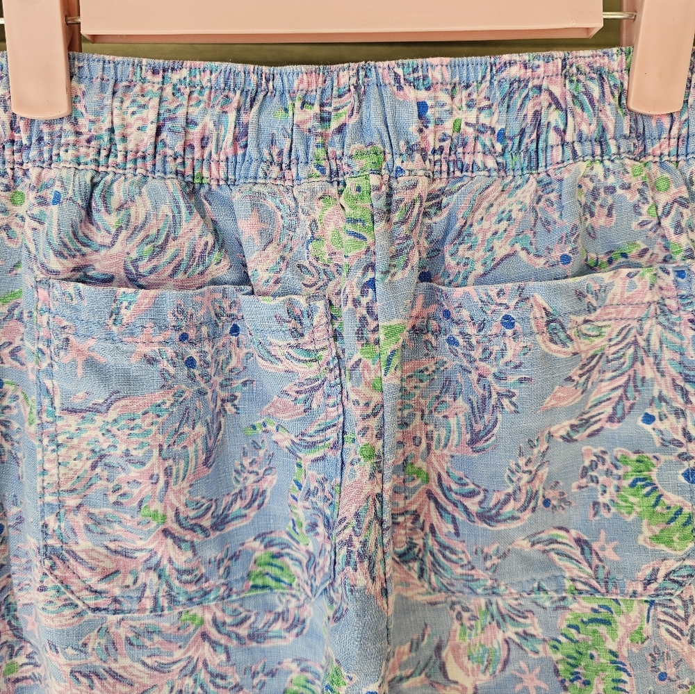 Lilly Pulitzer 100% Linen Floral Trouser Blue Peri Turtle Package Pants - Picture 11 of 12